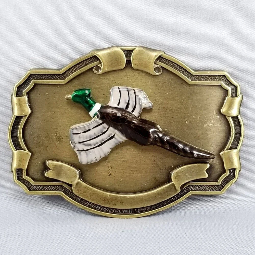 Vintage Belt‎ Buckle Flying Duck Pheasant Bird Western Style Gold Color Embossed